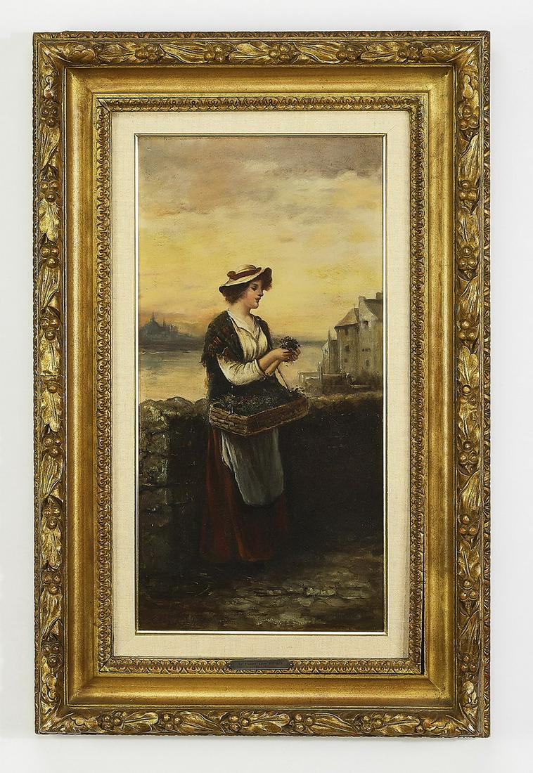 Leon Richet signed O/c, young woman at the waterfront (1 of 6)