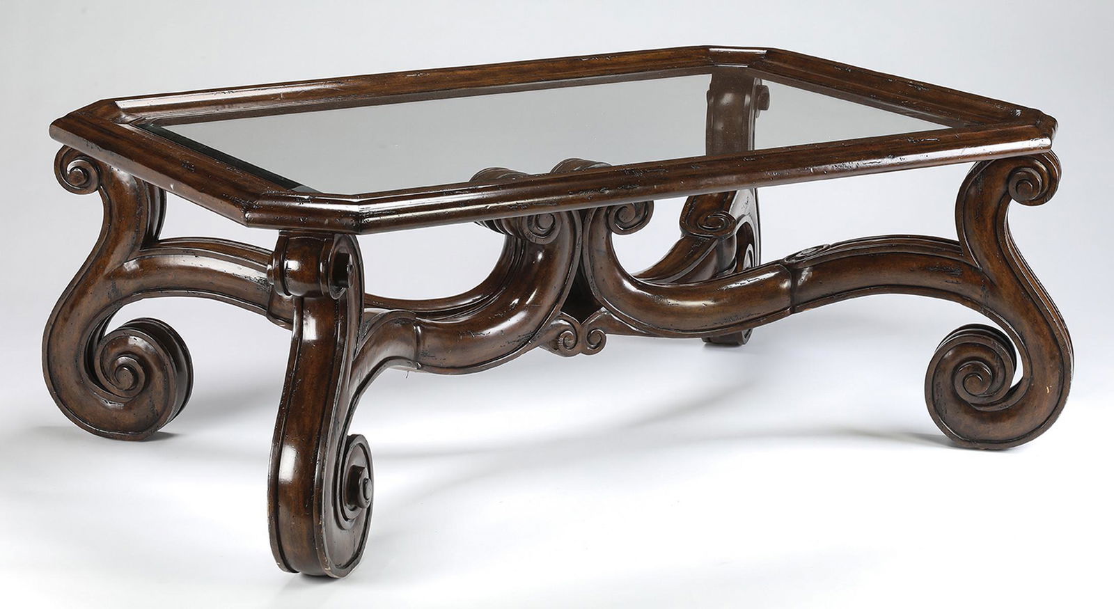 Carved oak and beveled glass coffee table, 65"w (1 of 4)