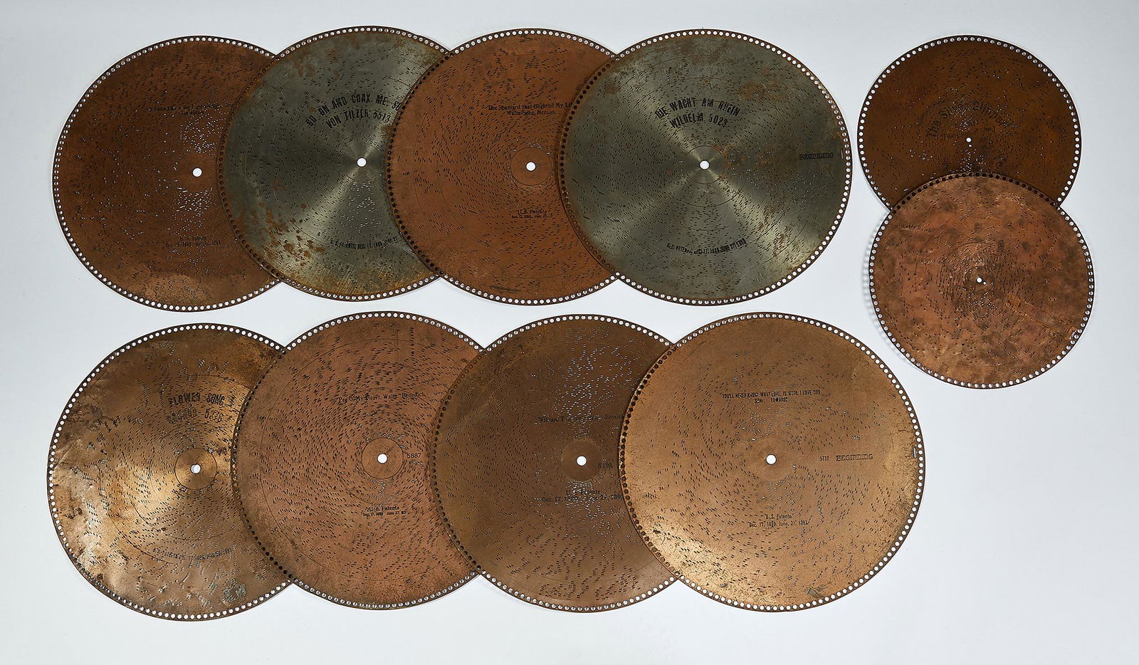 (10) Regina steel music box discs, 15.5" and 20.5" (1 of 2)