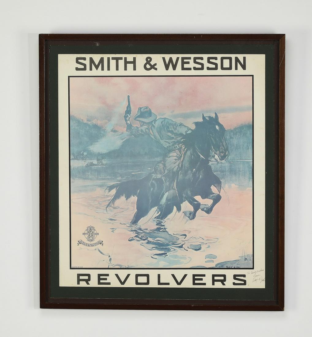 Signed Smith & Wesson offset lithograph by Dan Smith: Signed Smith & Wesson offset lithograph, depicting a cowboy on horseback turning back to fire a revolver, inscribed and signed at the lower right by the artist Dan Smith, sheet 21.5"h x 19"w, overall