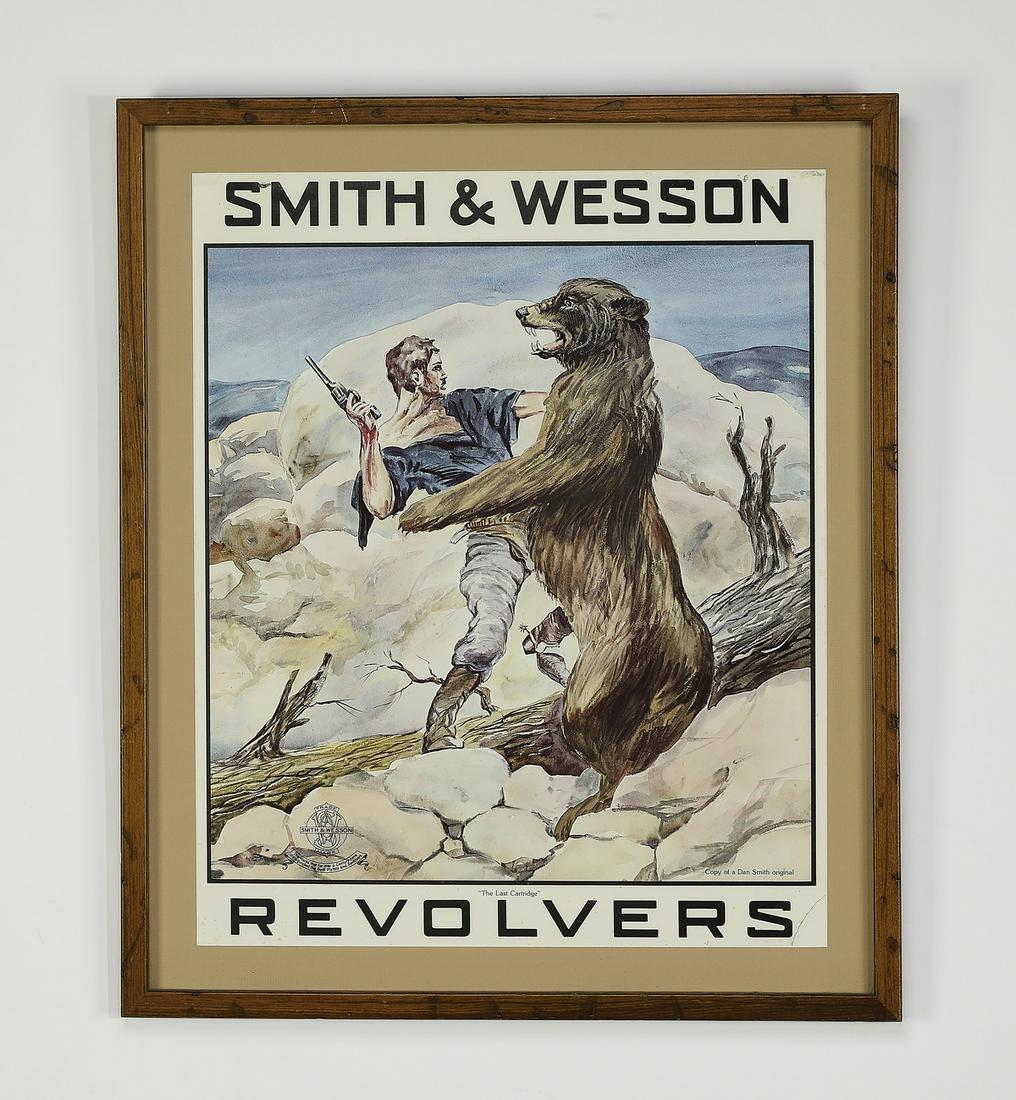 Vintage Smith & Wesson 'The Last Cartridge' litho: Vintage Smith & Wesson 'The Last Cartridge' offset lithograph, depicting a burley gentleman holding a revolver resisting the attack of a grizzly bear, the original painting by artist Dan Smith, sight 