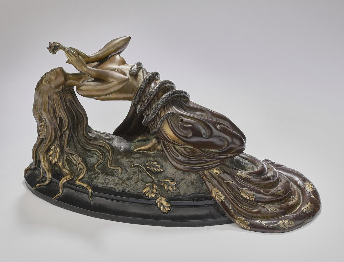 Signed Erte, limited edition bronze,: Romain de Tirtoff (Russian/French 1892 -1990), known as Erte, cold painted bronze sculpture 'Perfume,' 1984, depicting a semi-nude beauty bent backward from a kneeling position, with a snake wrapped a
