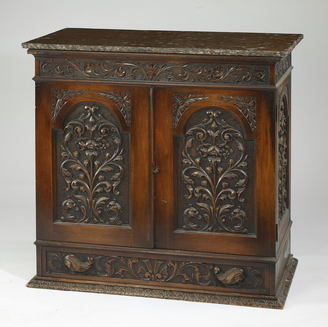Carved mahogany cabinet w/ fossil specimen top (1 of 3)