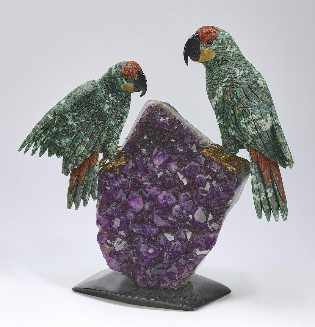 Semi-precious stone carved sculpture of parrots (1 of 4)