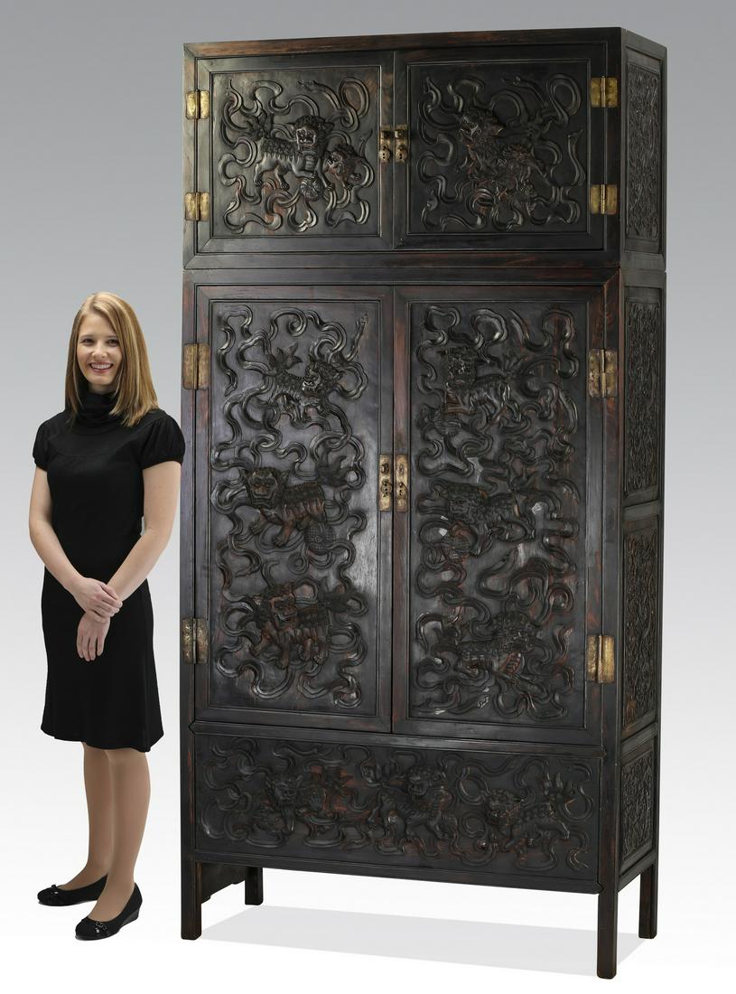 Chinese carved Fu lion rosewood cabinet, 79"h (1 of 4)