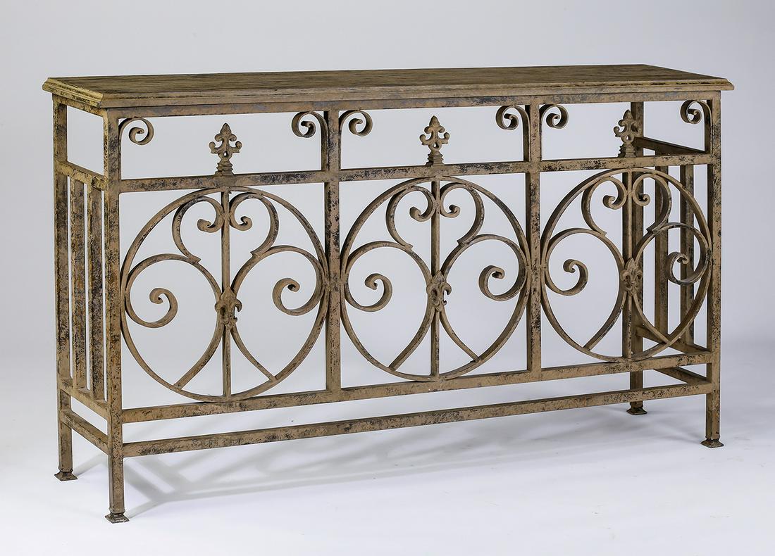 Provincial inspired patinated iron console, 65"w (1 of 2)