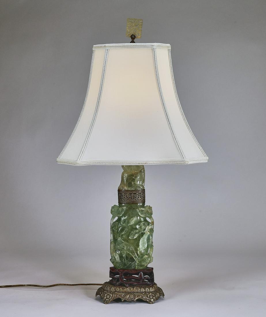 Chinese carved green quartz lidded urn lamp (1 of 8)