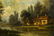 19th c. O/c stone house near a lake, signed - 2
