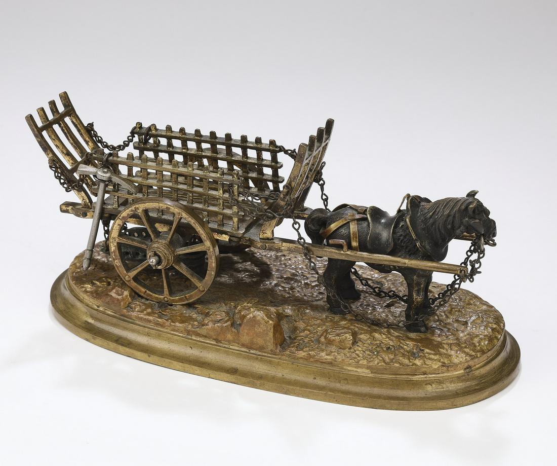 Patinated spelter sculpture of a coal cart (1 of 2)