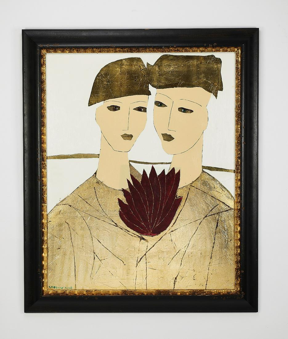 Signed Gregory Fink acrylic and gold leaf portrait: Signed Gregory Fink (Brazilian, b. 1946) portrait, executed in acrylic and gold leaf on board, depicting two women in gold headpieces and gowns, signed lower left, 40"h x 32"w, overall dimensions with