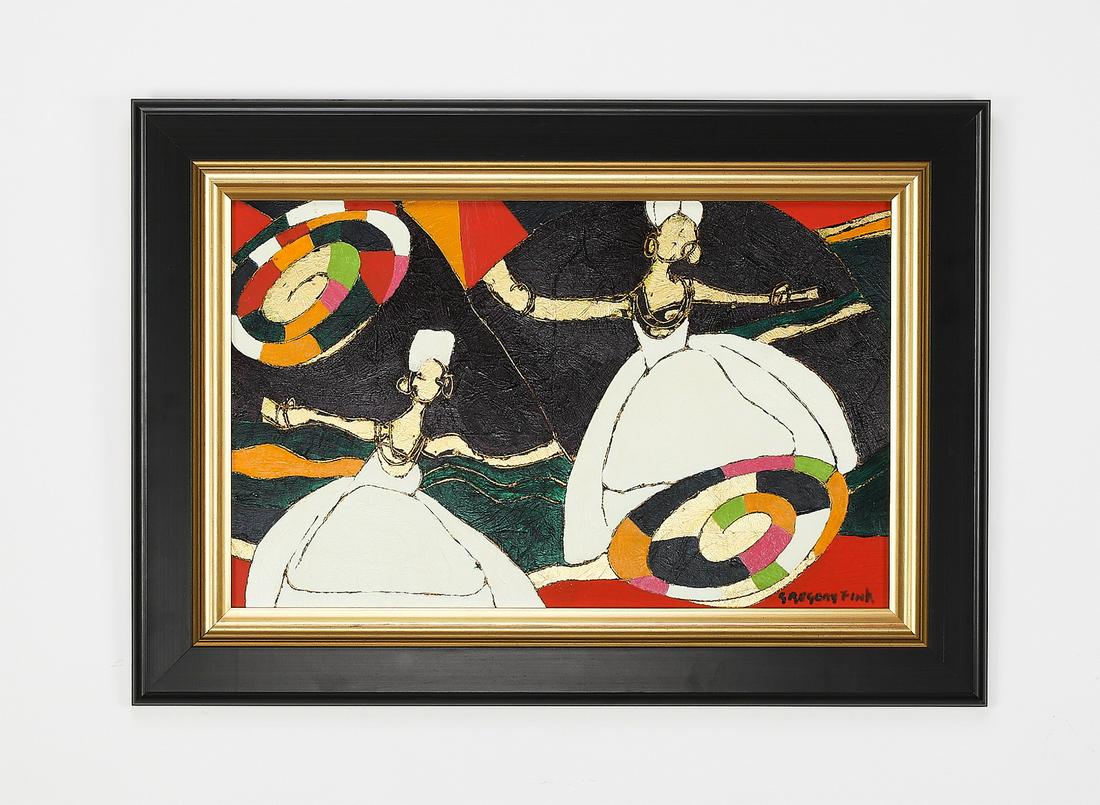 Signed Gregory Fink acrylic and gold leaf abstract: Signed Gregory Fink (Brazilian, b. 1946) portrait, executed in acrylic and gold leaf on board, depicting two abstracted women twirling in white gowns, signed lower right, 14.75"h x 23.5"w, overall dim