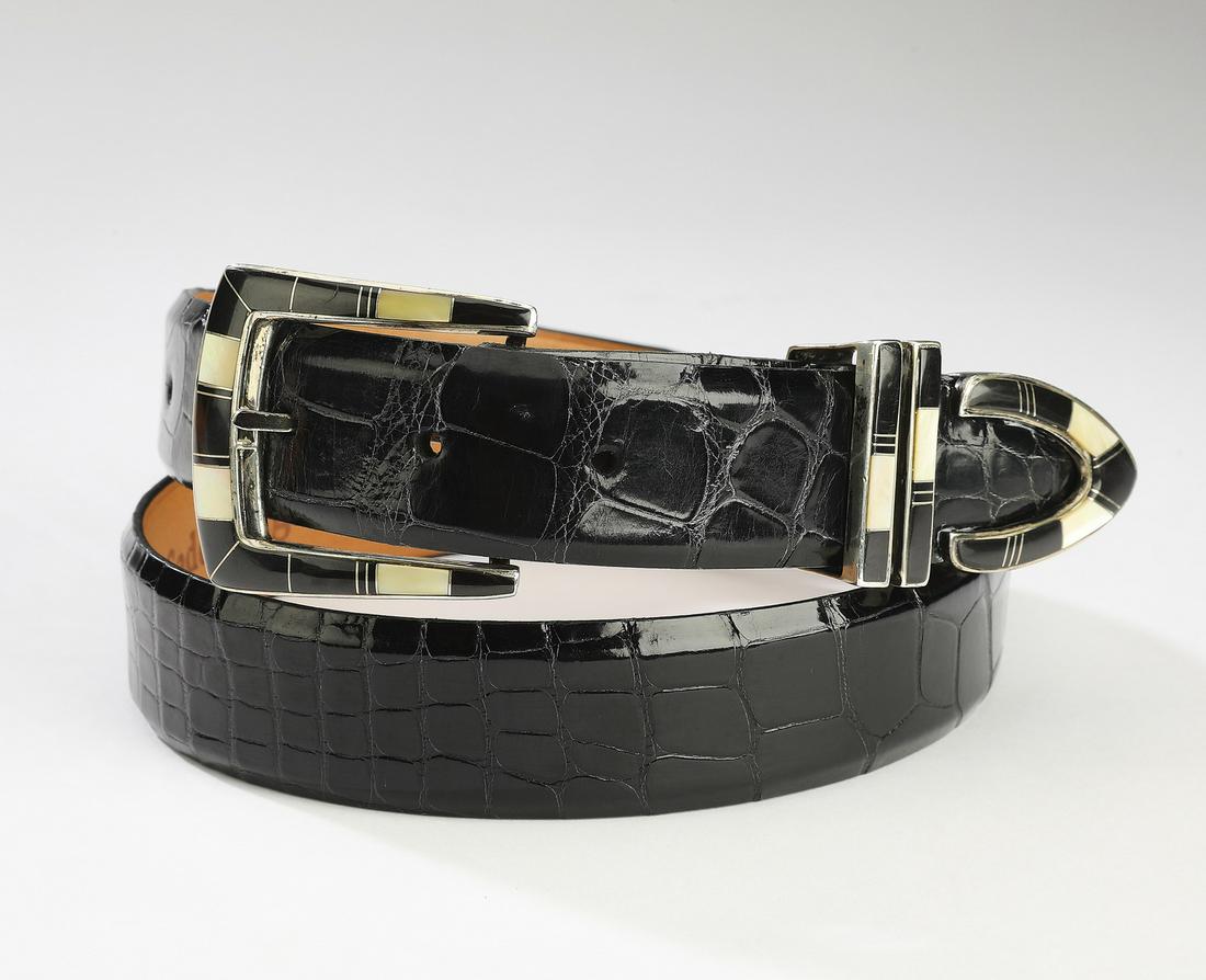 Black alligator ranger belt w/ inlaid sterling buckle: Alligator leather ranger belt with inlaid sterling buckle by B. G. Mudd, the black belt having a blackstone and mother of pearl southwestern inlaid sterling buckle, two loops and a tip, marked 'sterli