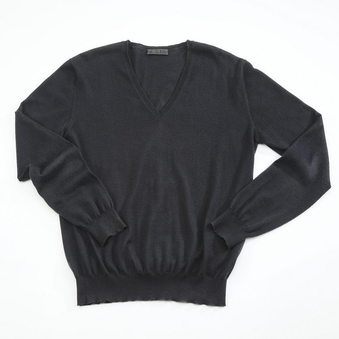 Prada cashmere blend navy V-neck sweater: Prada cashmere blend navy V-neck sweater, maker label, 26"l x 20"w with sleeve 26"l.