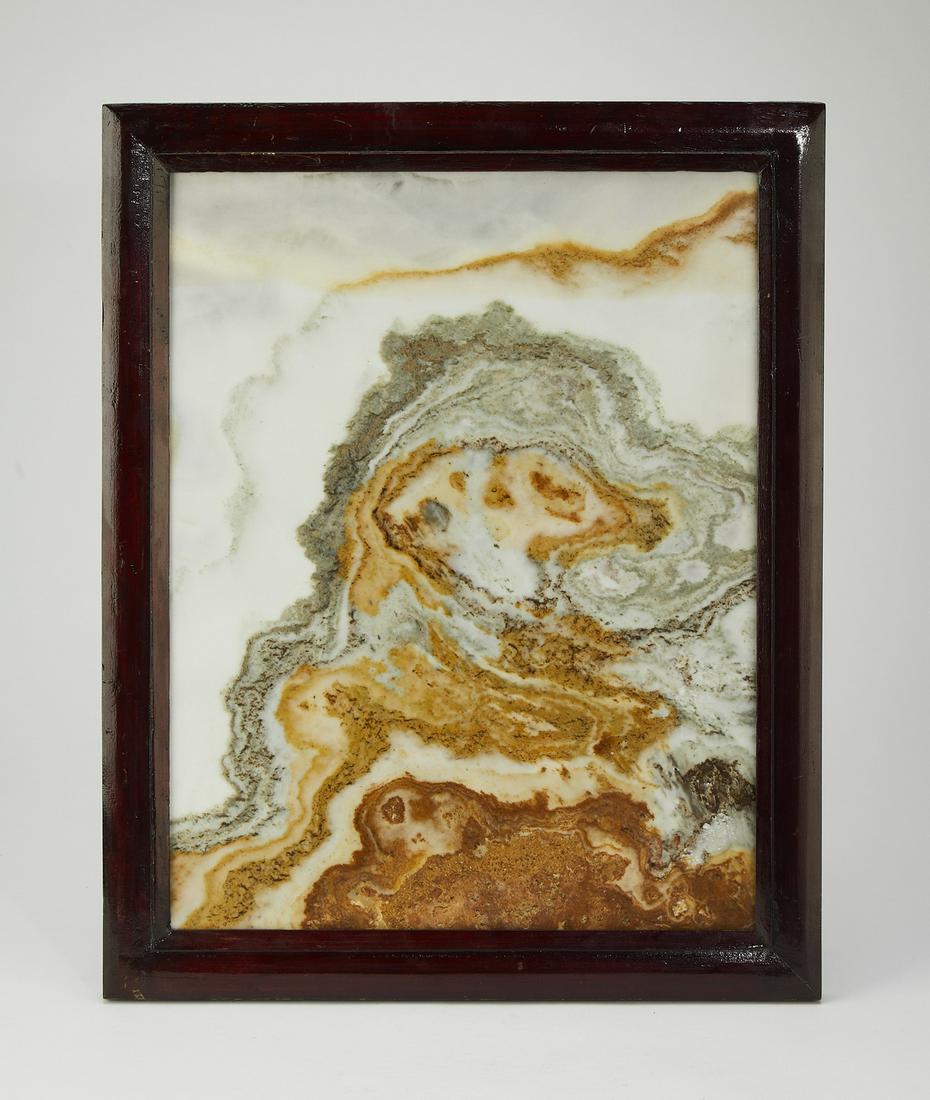 Chinese hand painted porcelain 'dream stone' plaque: Chinese porcelain 'dream stone' plaque, the rectangular form painted in taupes, greys, and browns to mimic a marble 'dream stone,' 15"h x 11.25"w; overall with frame, 18"h x 14.25"w x 1"d.