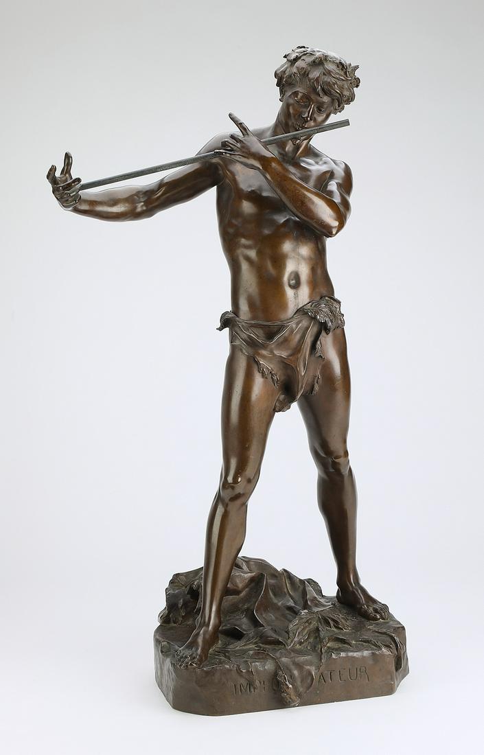 19th c. bronze sculpture, Pan by Felix Charpentier: Bronze sculpture of Pan titled 'L'Improvisateur,' circa 1887, by Felix Maurice Charpentier (French, 1858-1924), depicting Pan as a young man, wearing a grape leaf wreath and loincloth with a crumpled