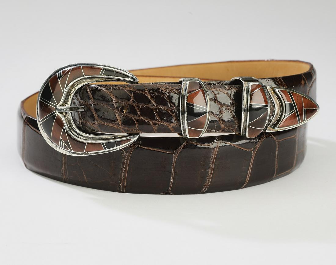 Brown alligator ranger belt w/ inlaid sterling buckle: Alligator leather ranger belt with inlaid sterling buckle by B. G. Mudd, the brown belt having a blackstone and red tiger's eye southwestern inlaid sterling buckle, two loops and a tip, marked '925 BG