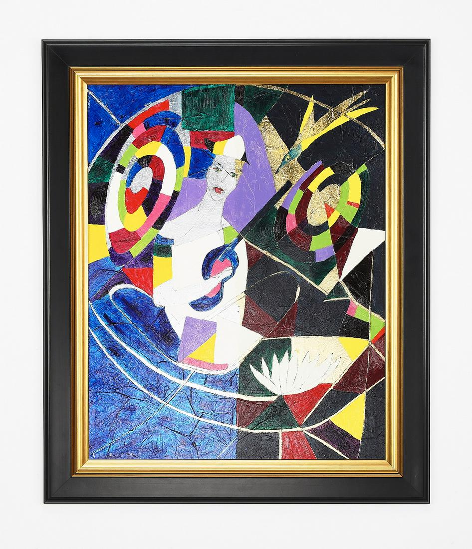 Signed Gregory Fink acrylic and gold leaf abstract: Signed Gregory Fink (Brazilian, b. 1946) portrait, executed in acrylic and gold leaf on board, depicting an abstracted woman playing a stringed instrument, signed lower left, 30"h x 24"w, overall dime