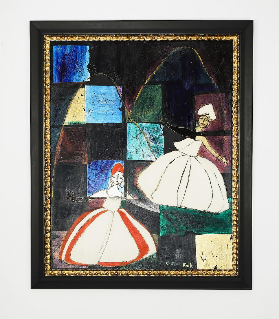 Signed Gregory Fink acrylic and gold leaf abstract: Signed Gregory Fink (Brazilian, b. 1946) portrait, executed in acrylic and gold leaf on board, depicting two abstracted women twirling in white gowns against a geometric ground, signed lower right, 38