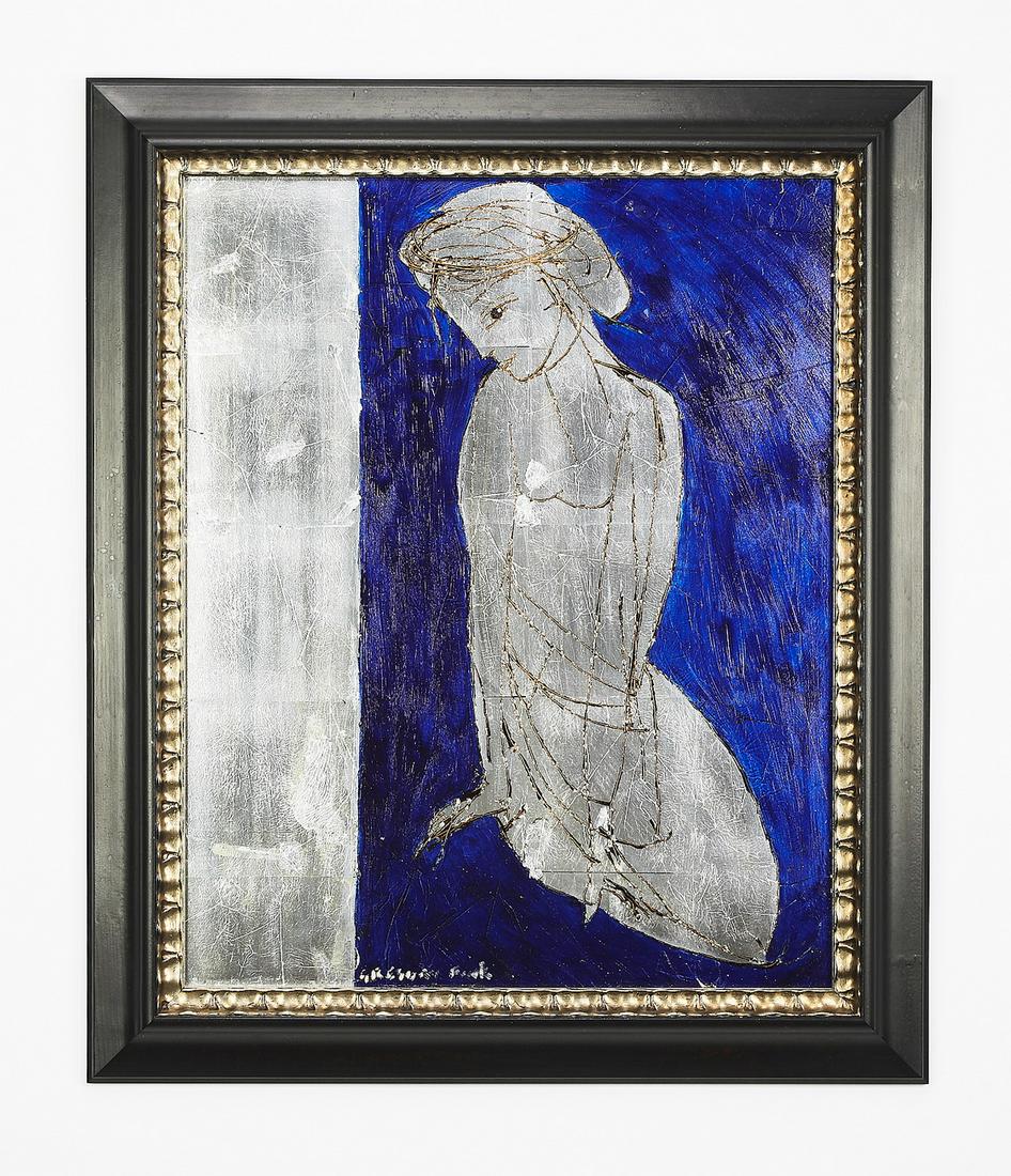 Signed Gregory Fink acrylic and silver leaf portrait: Signed Gregory Fink (Brazilian, b. 1946) portrait, executed in acrylic and silver leaf on board, depicting a kneeling classical beauty on a cobalt ground, signed lower left, 28.75"h x 23.25"w, overall