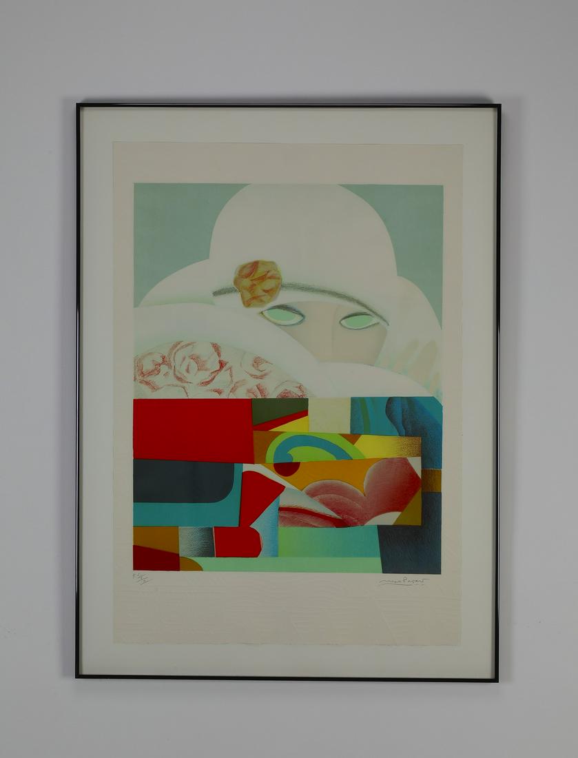 Signed Max Papart 'Seduction' hors commerce litho: Max Papart (French, 1911-1994) 'Seduction' hors commerce lithograph, circa 1980, depicting a woman peeking under a hat over a collage of geometric shapes, signed lower right marked 'HC V X' lower left
