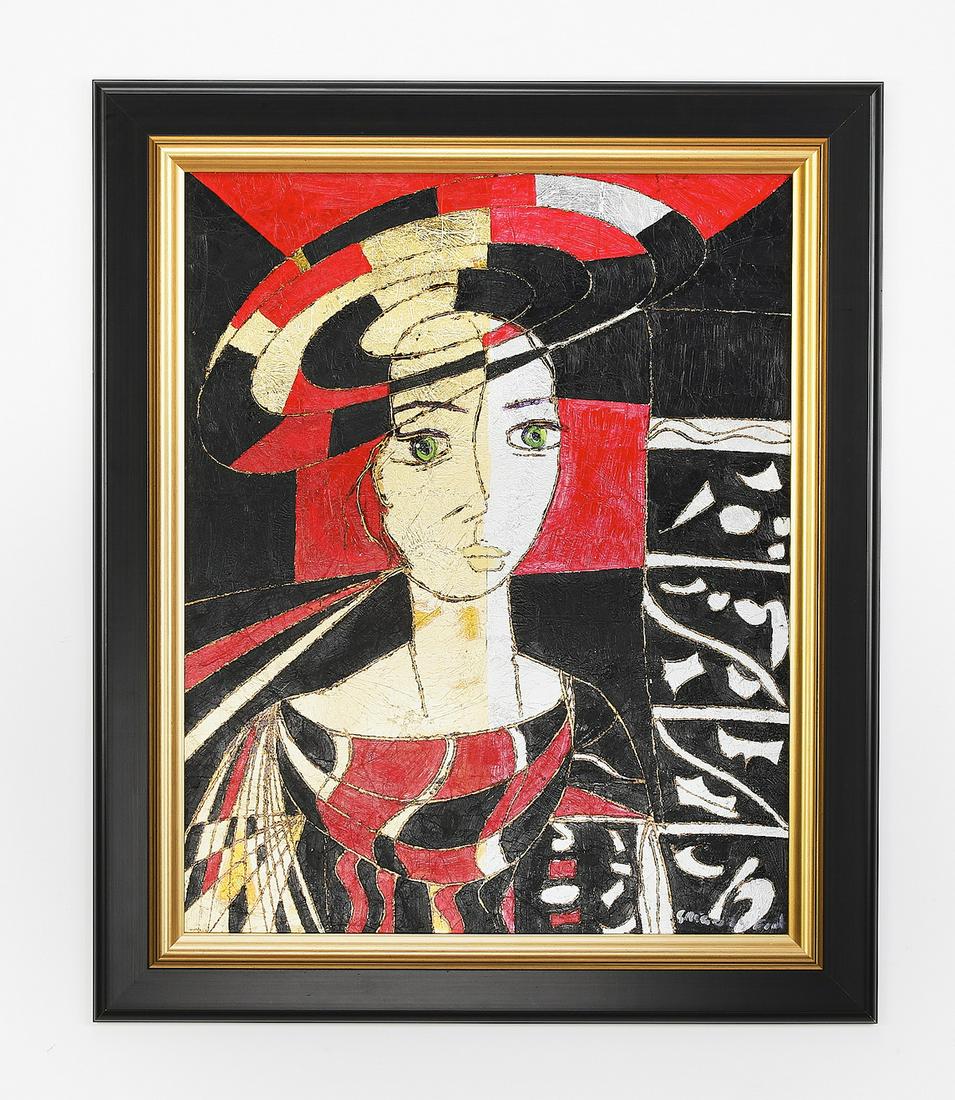 Signed Gregory Fink acrylic and gold leaf portrait: Signed Gregory Fink (Brazilian, b. 1946) portrait, executed in acrylic and gold leaf on board, depicting an abstracted woman with a draped gown and headpiece, signed lower right, 30"h x 24"w, overall 