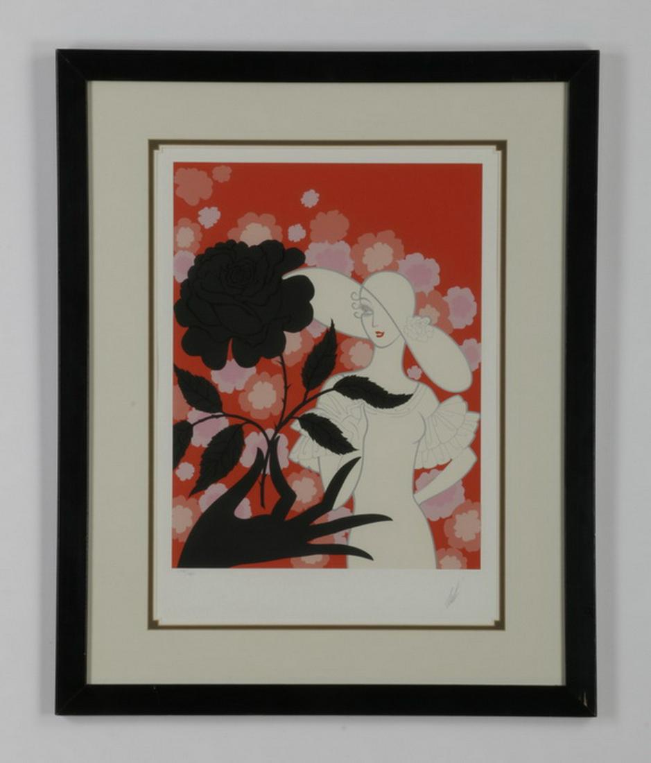 Erte signed, numbered serigraph, titled 'Black Rose': 20th century artist signed and numbered limited edition serigraph, titled "Black Rose", #228/260, artist signed Erte' (Romain de Tirtoff, Russian-French, 1892-1990), 24"h x 17.25"w, overall size inclu