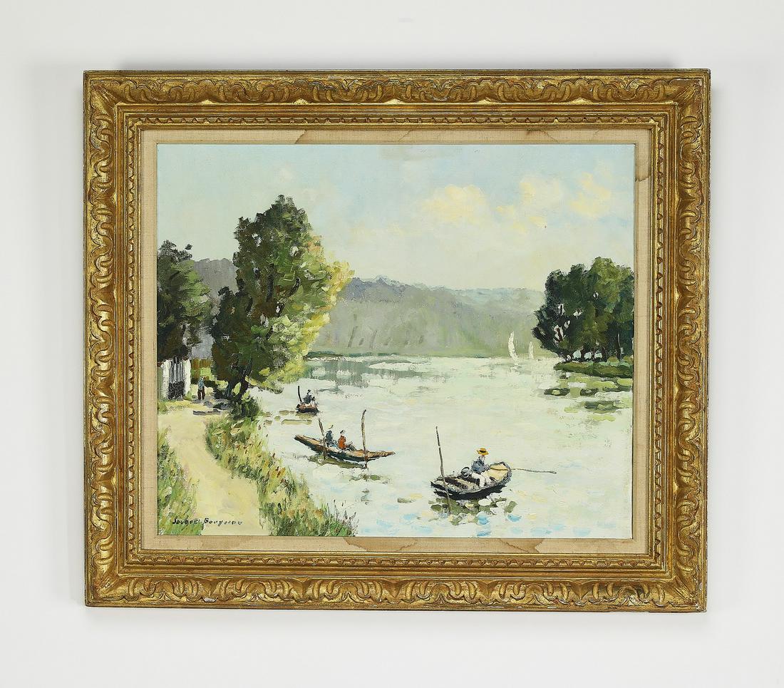 Signed Jacques Bouyssou O/c 'Les Canotiers' landscape: Signed Jacques Bouyssou (French, 1926-1997) 'Les Canotiers,' executed in oil on canvas, depicting a tranquil scene of rowboats on a winding river, signed at the lower left, 21"h x 25"w, overall dimens