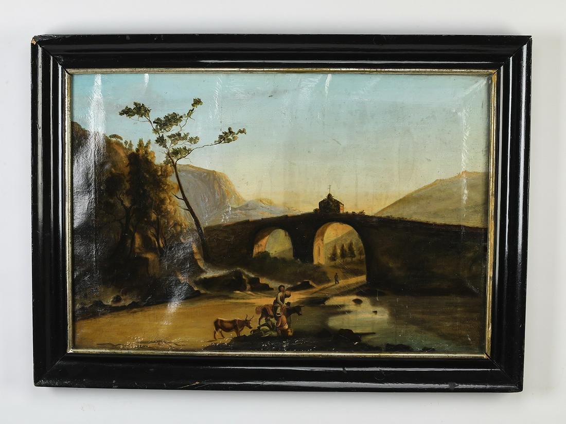 19th c. Continental O/c of a Swedish bridge: Continental oil on canvas, 19th century, depicting an arched bridge with figures wading in a stream, near the ruins of Lyckeby Castle in Sweden, having no visible signature, with label verso identifyi
