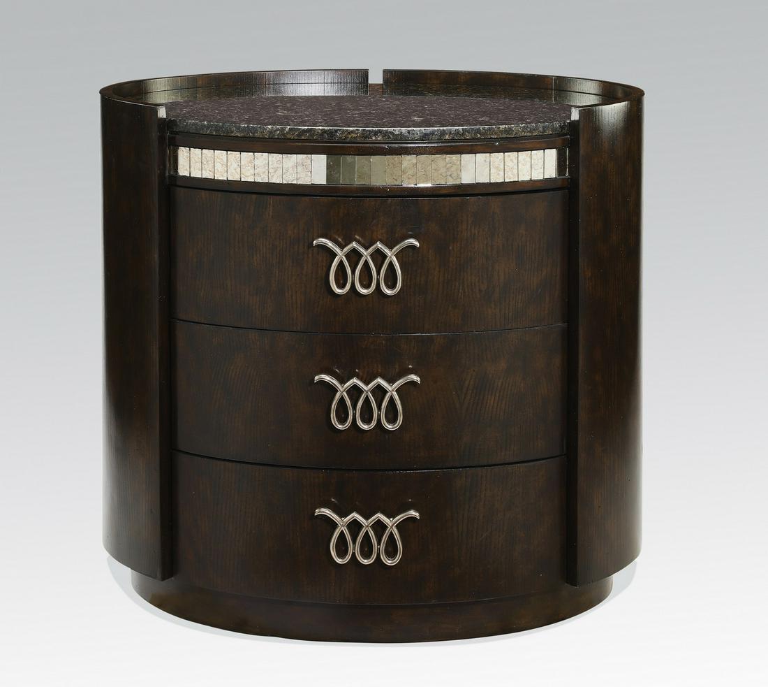 Marge Carson contemporary marble top oval nightstand: Marge Carson contemporary marble top oval nightstand, having an inset marble top with three-quarter wooden gallery, over a frieze composed of repeating vertical mirrors, fitted with three drawers with