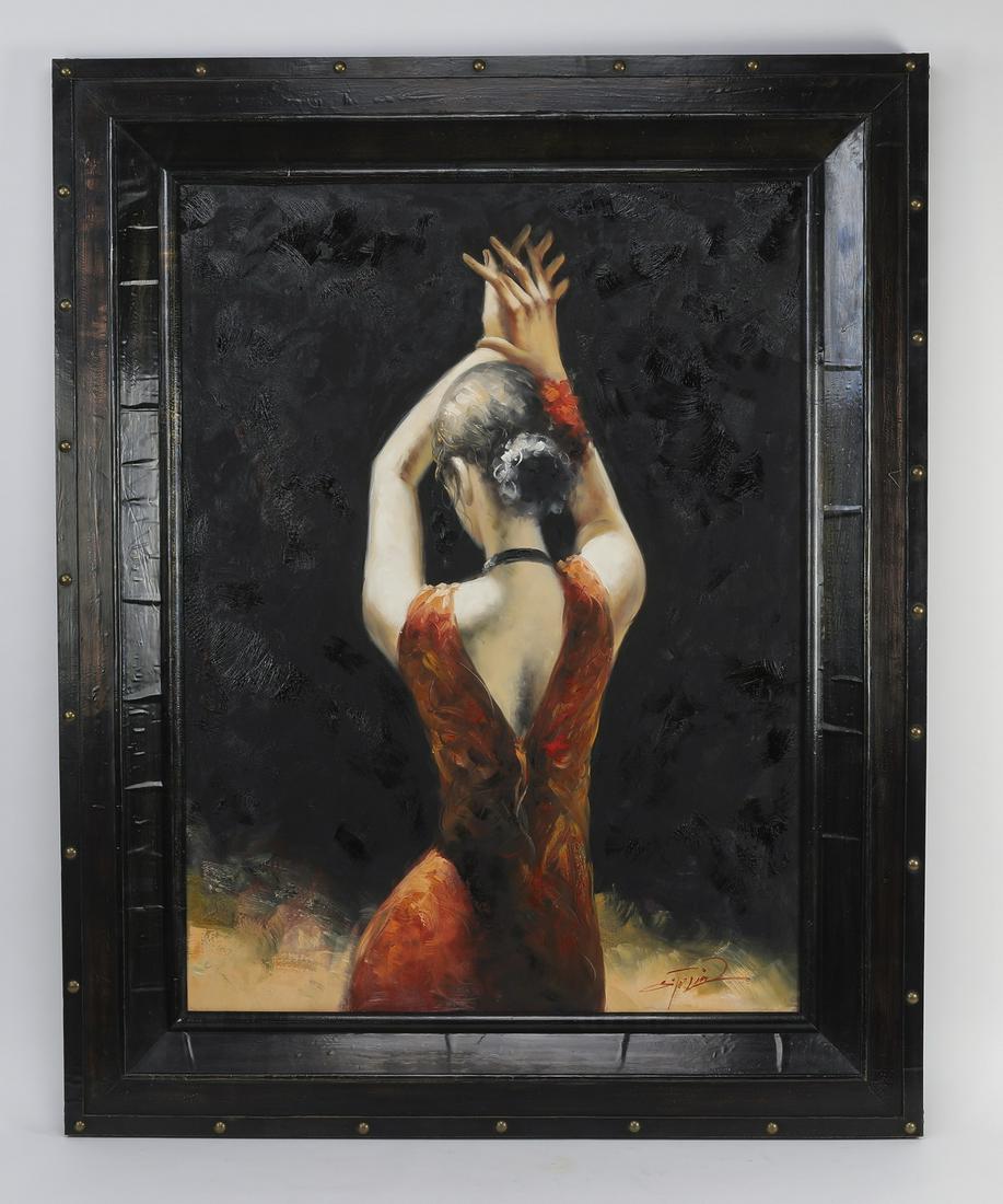 Continental School O/c of flamenco dancer, 61"h: Continental School O/c, depicting a flamenco dancer wearing a red dress against a black background, signed illegibly lower right, in a custom frame with nailhead trim, 50"h x 37"w; overall size with f