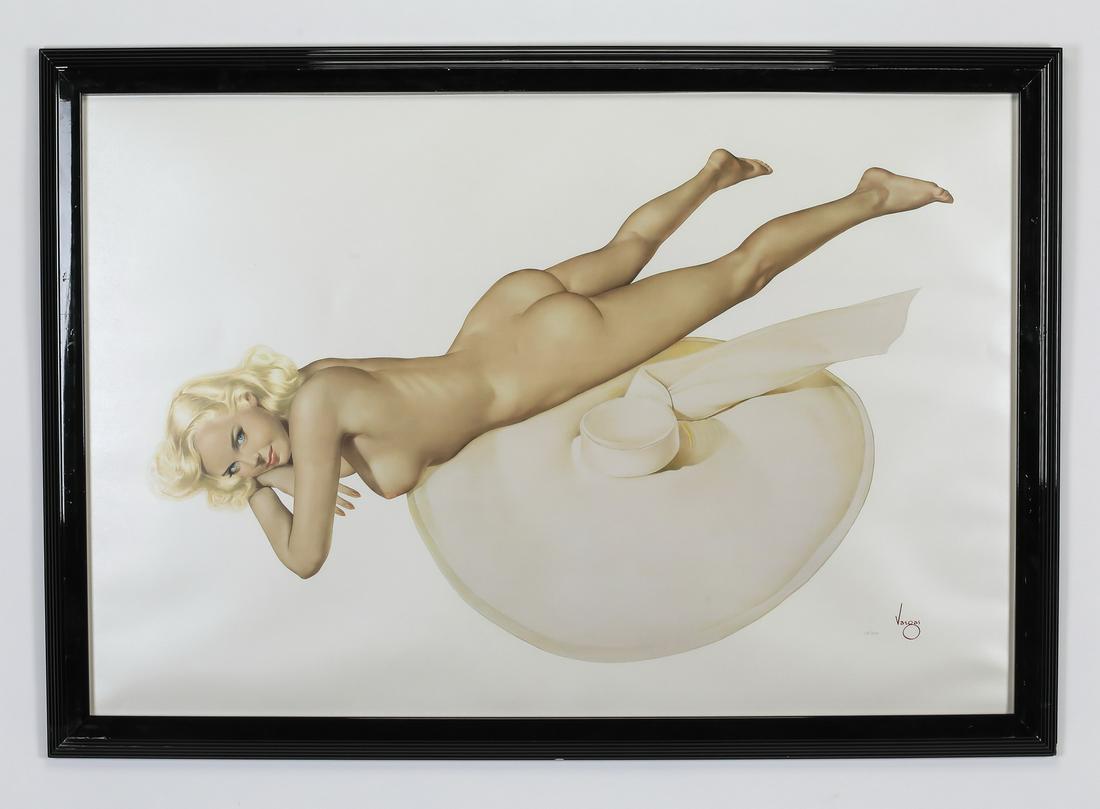 Alberto Vargas Legacy Nudes 'Sand Witch' lithograph: Alberto Vargas (Peruvian, 189601982), limited edition continuous-tone lithographic print on opalesque paper titled 'Sand Witch,' #3 from the 'Legacy Nudes' series, depicting a nude sunbathing blonde b