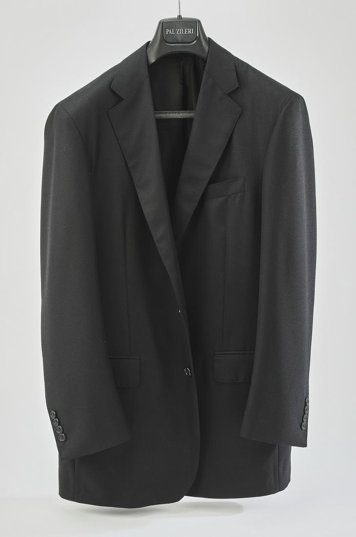 Single breasted black wool blend blazer: Single breasted blazer, of black wool blend with fine twill stripe, having two buttons, with two back (side) vents, labels 'Tailor Shop Collezione by Daniel Motorca,' 33.5"l x 20"w at the shoulders, s