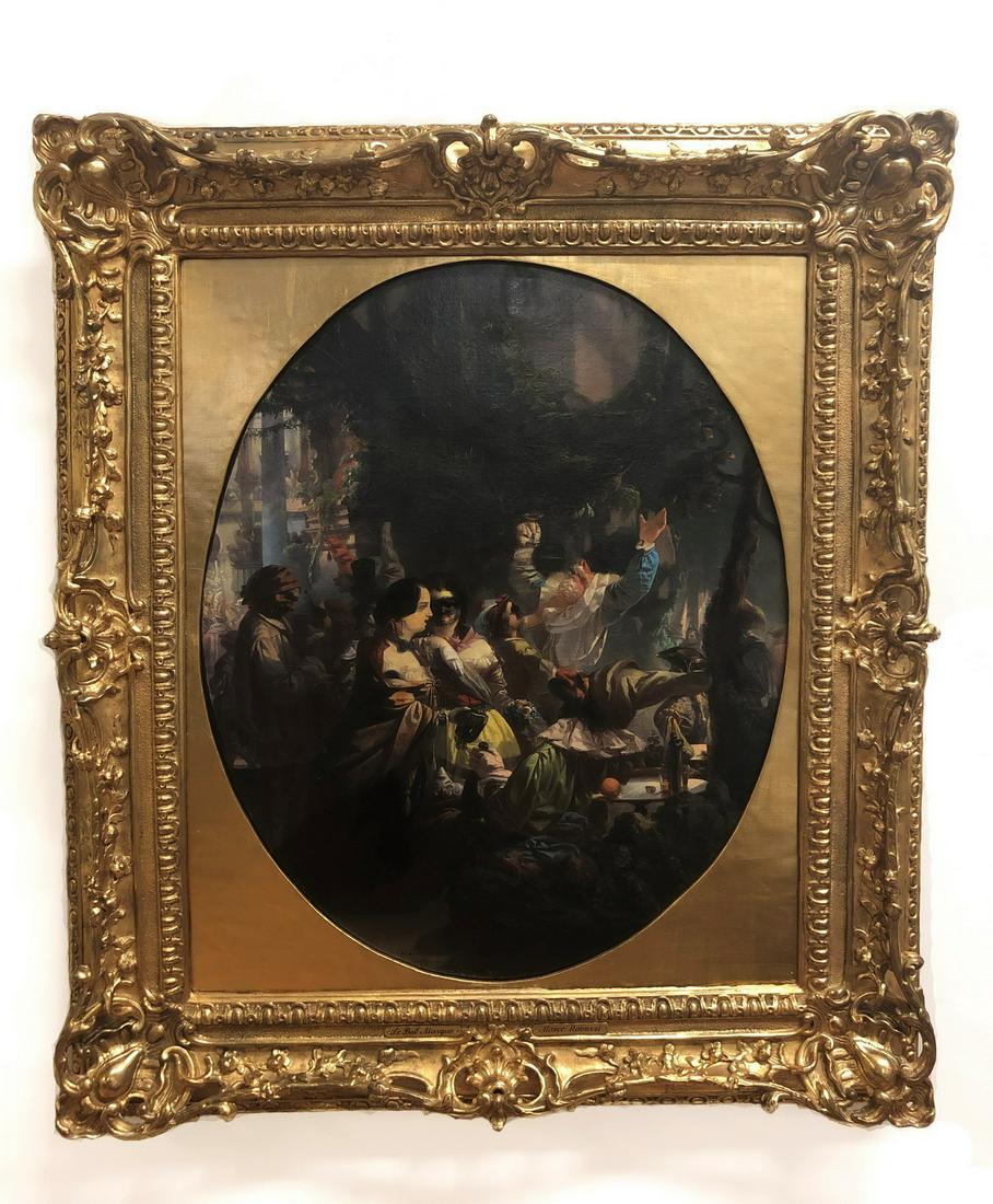 Signed Marco Ravazzi, O/c 'Le Bal Masque', 1857: Signed Marco Ravazzi (Italian, 1815-1855) 'Le Bal Masque,' 1857, executed in oil on canvas, depicting a genre scene of lively, gesticulating figures in vibrant costumed dress, signed lower left, date 