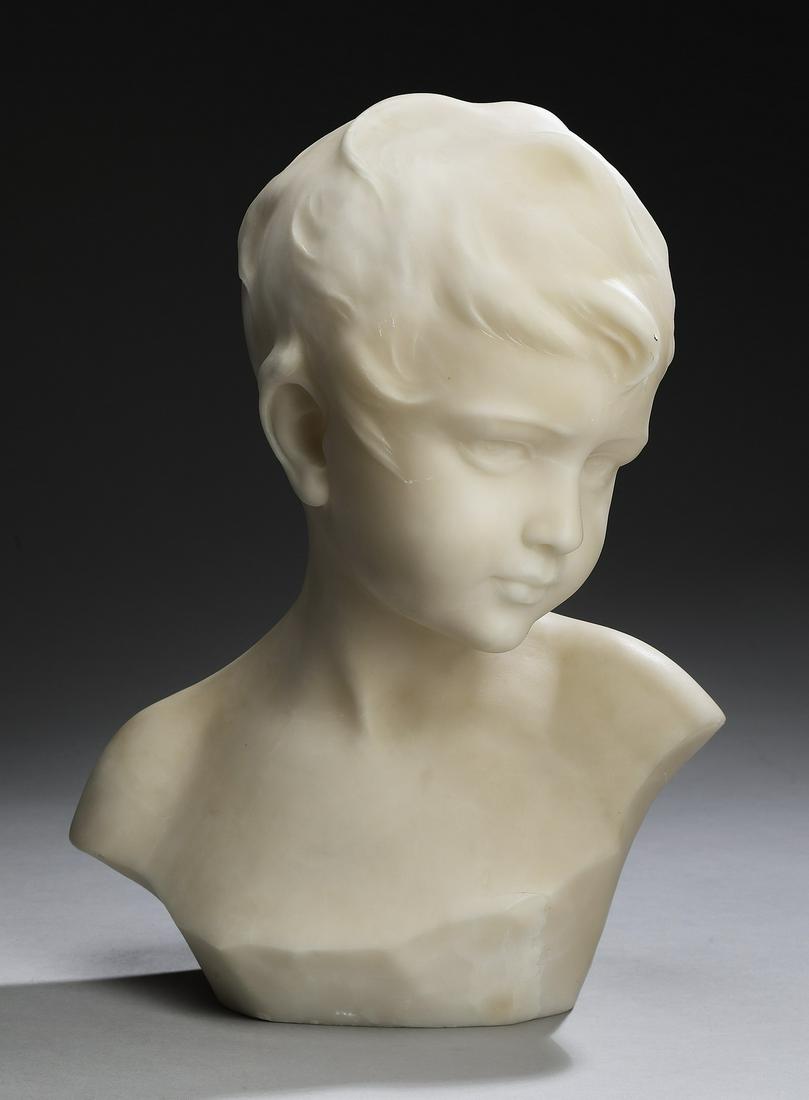 Dante Zoi (Italian) signed marble bust of a young boy: Dante Zoi (late 19th, early 20th century) carved Italian marble bust of a young boy, the boy depicting looking down and to the right, signed 'Dante Zoi/ Firenze' en verso, 13"h x 10"w x 6.5"d