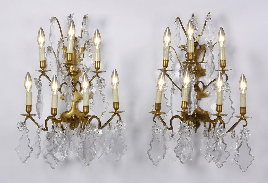 (2) 19th c. Italian bronze and crystal appliques: Pair of late 19th century Italian bronze and crystal 7-light appliques, 26"h x 19"w.