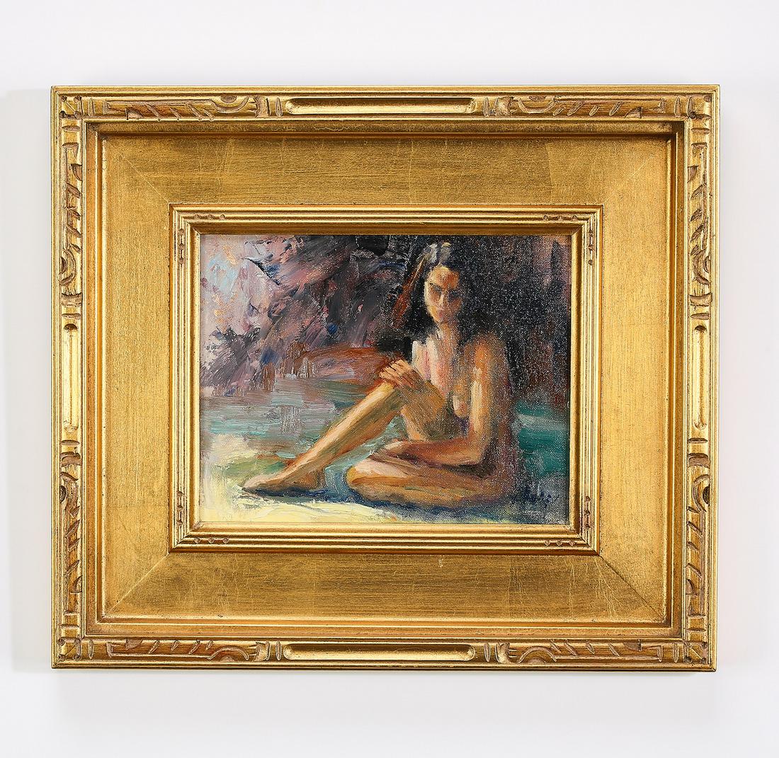 Signed Martha Sharp O/c nude, 'Woman of Many Colors': Signed Martha Sharp (American, 20th/21st century) 'Woman of Many Colors,' 2006, executed in oil on canvas, depicting a seated nude in the Impressionist style, signed lower right, title and date to ver