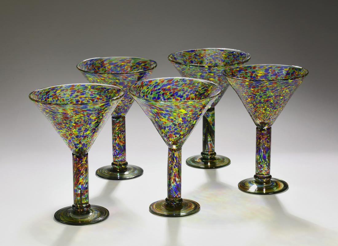 (5) Modern hand-formed art glass martini glasses: Group of (5) hand-formed multi-colored art glass martini glasses, in hues of blue, red, yellow and green, having no visible marks, 7.25"h x 5.25"dia.