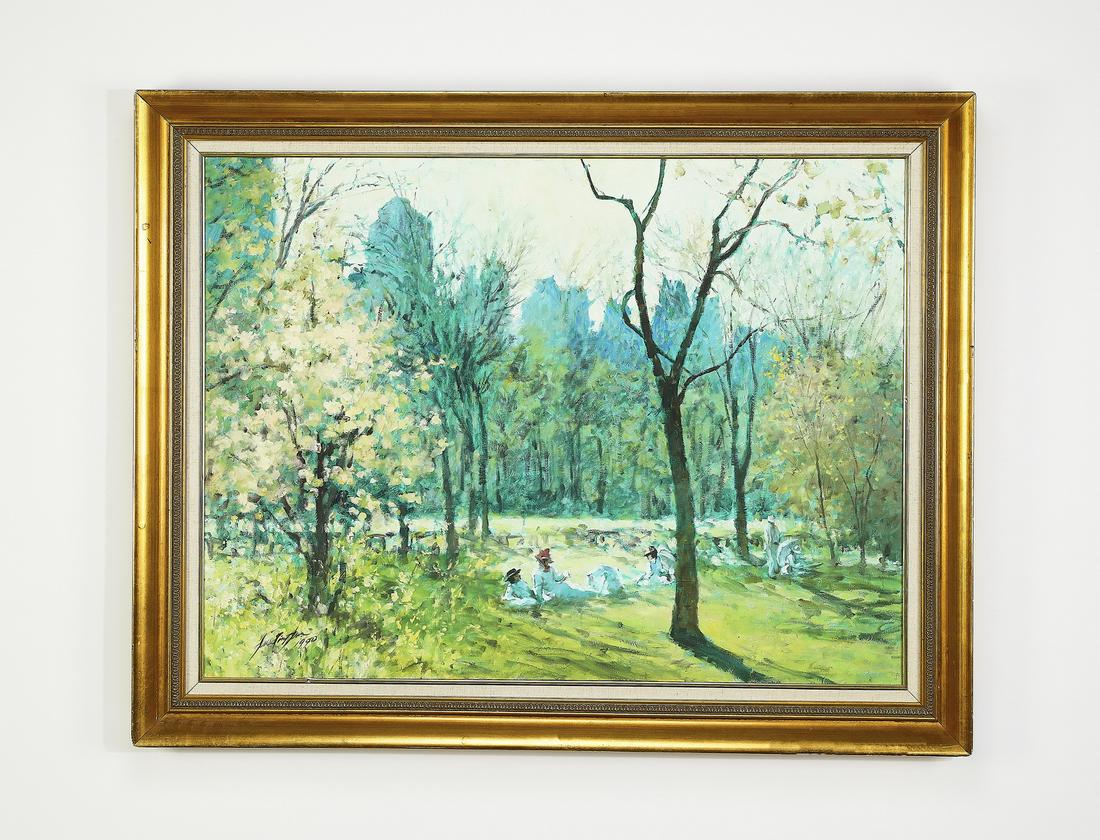 Signed American School O/c, Afternoon in Central Park: Signed American School landscape 'Afternoon in Central Park,' executed in oil on canvas, in the Impressionist style, depicting picnickers lounging among the trees with the city skyline in the backgrou