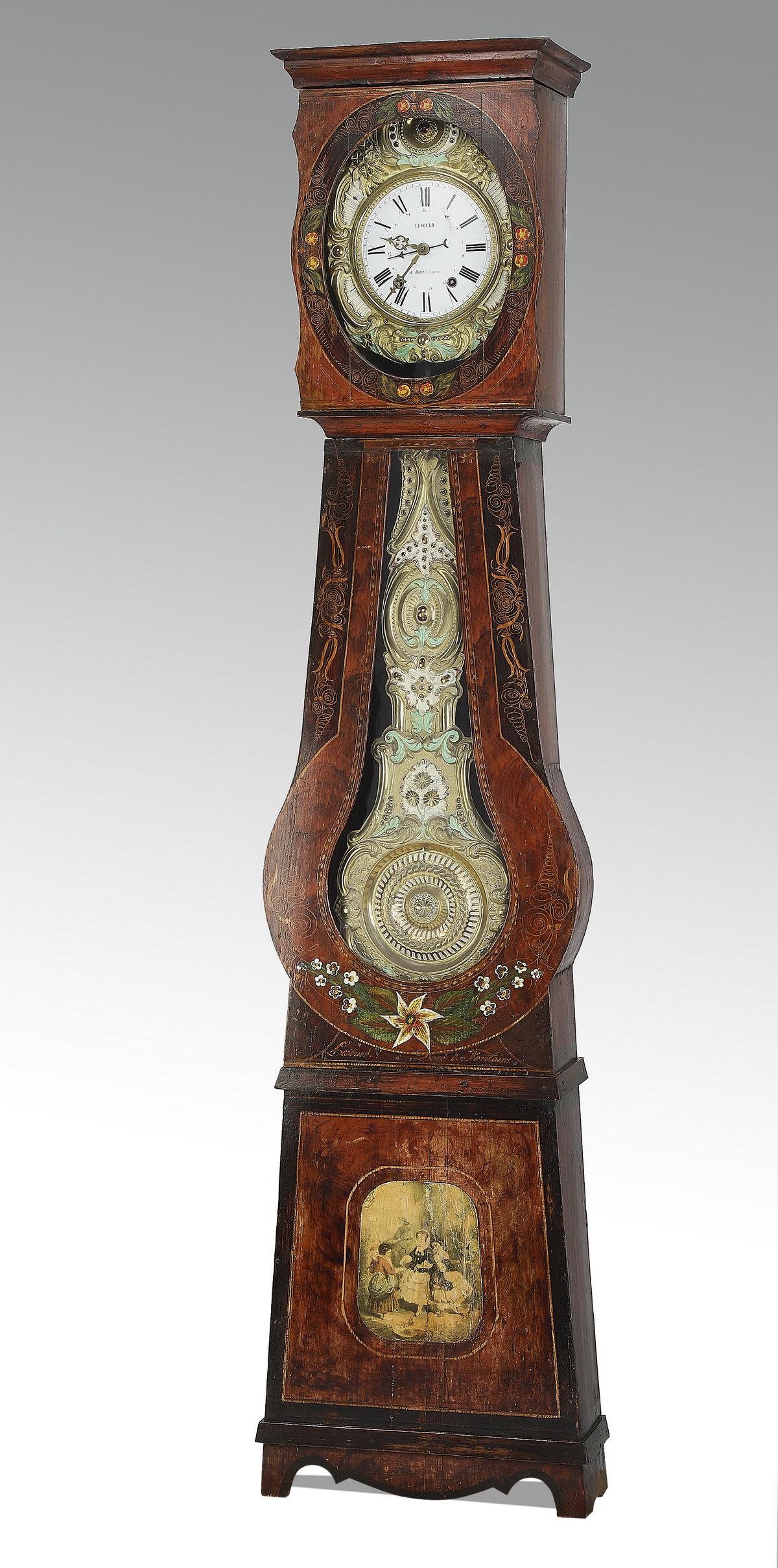 19th c. French morbier comtois clock: Early to mid 19th century French morbier comtois clock, executed in polychrome oak and repousse brass, having a paint-decorated cabinet depicting foliates and a genre scene surrounding the paint-decor