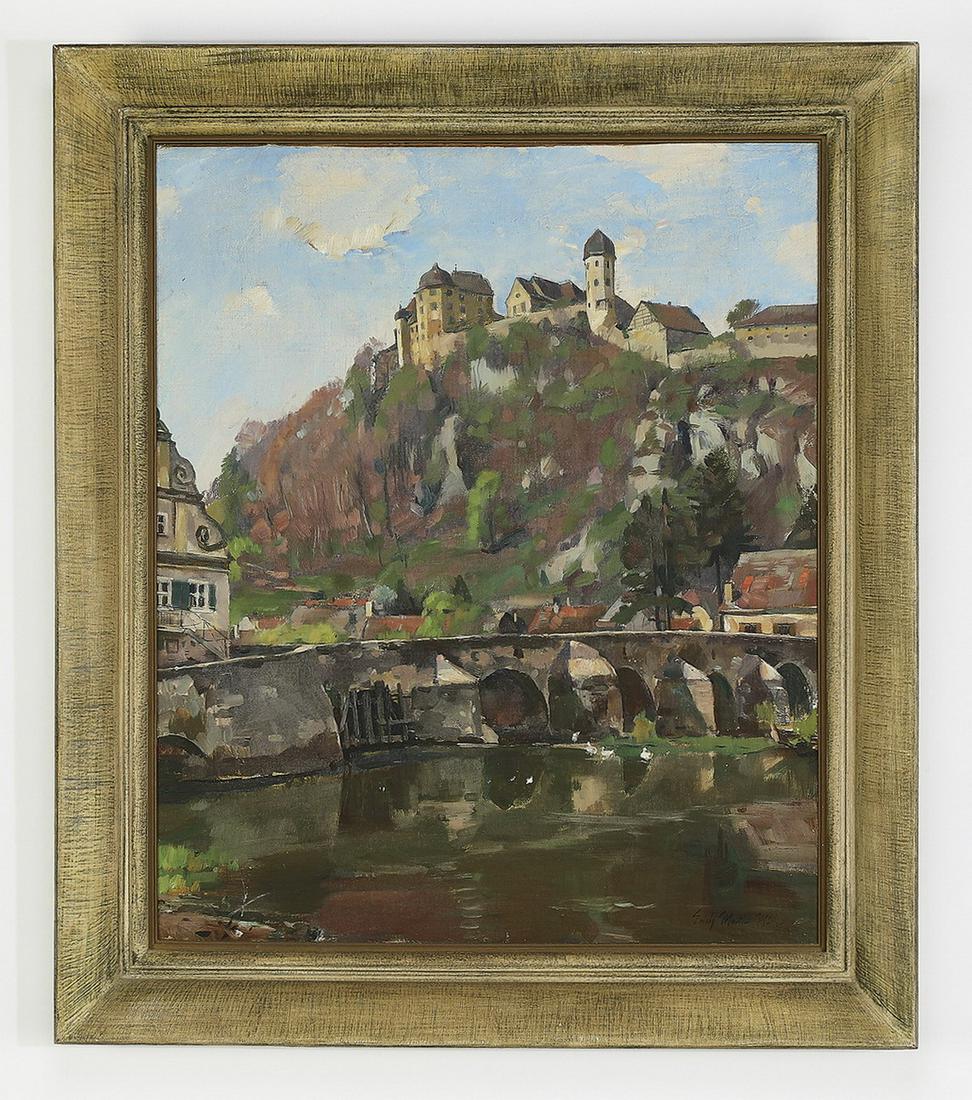 Erich Martin Muller signed O/b scenic landscape: Erich Martin Muller (Germany, 1888-1972) oil on board landscape, depicting a hilltop fortress above a river and bridge, signed at the lower right 'Erich Martin Muller,' 23.25"h x 19.25"w, overall size