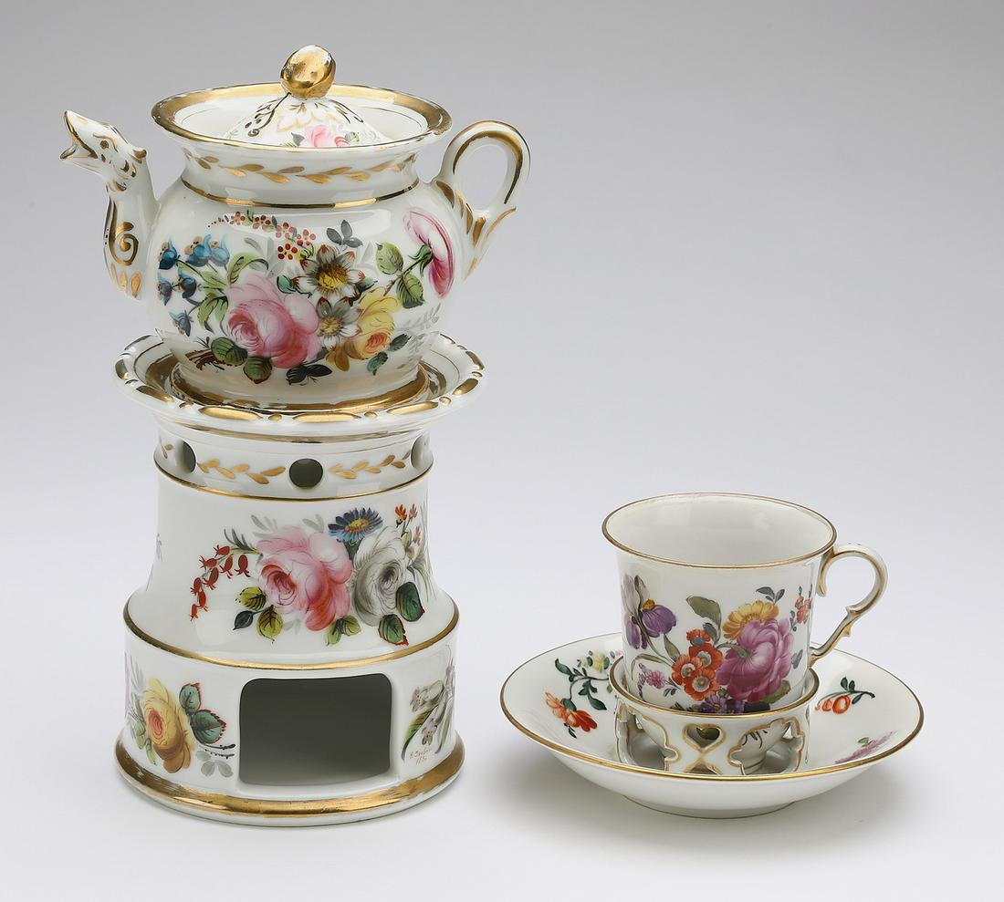 Hand painted French and German porcelain articles: Hand painted French and German porcelain, comprising a teapot and warmer in the Sevres taste, both decorated with floral sprays in pink and blue with gilt embellishments, marked 'Manoir de Chastellux 