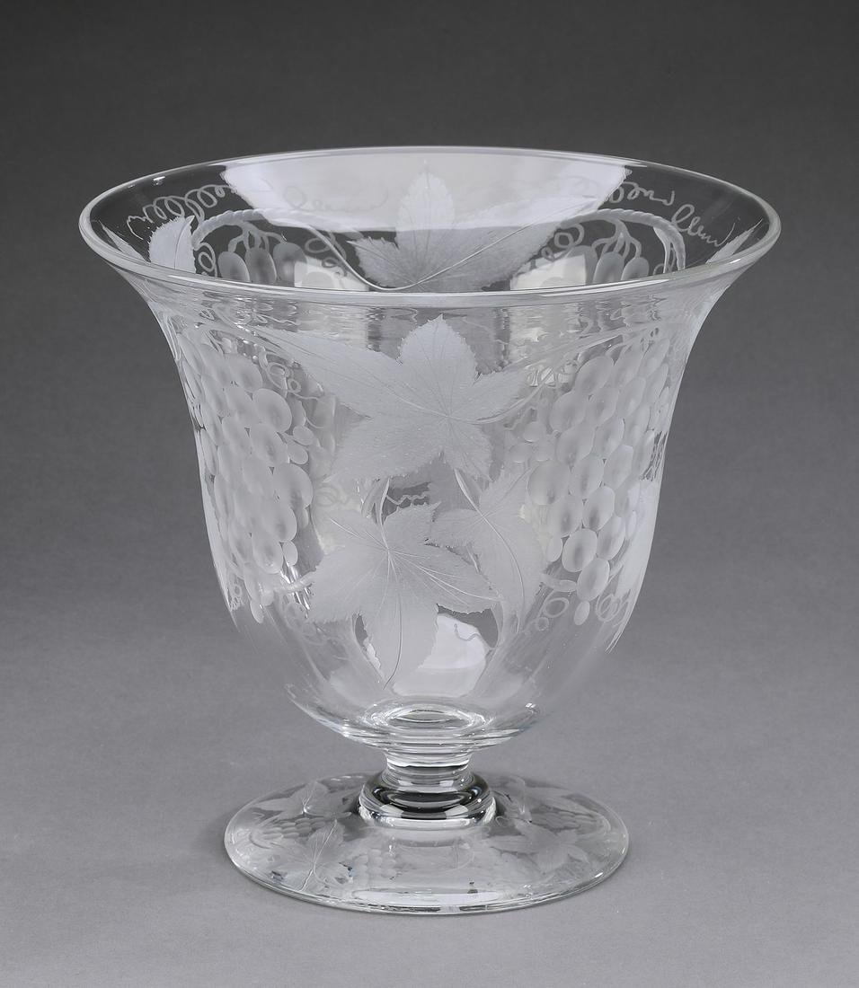 Pairpoint etched crystal punchbowl: Pairpoint etched glass punchbowl, executed in clear and satin crystal, of trumpet form decorated with grape clusters, leaves, and tendrils, the whole resting on a circular etched foot, having no appar