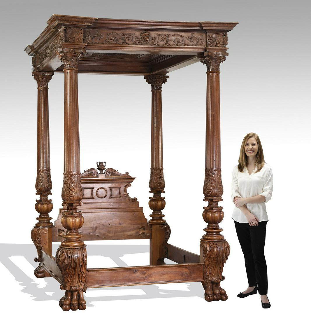 Monumental Victorian walnut full tester bed, 113"h: Monumental Victorian walnut full tester bed, in the manner of an 18th century Irish example by carver John Houghton, the bed having a shaped cornice with a wide frieze relief carved with lion's masks 