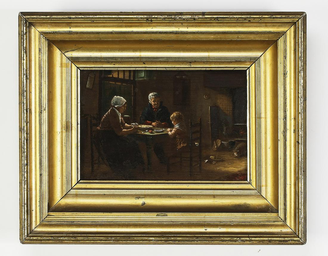 19th c, Continental O/board genre scene: Continental oil on board genre scene, 19th century, depicting a country family saying Grace before eating a meal, signed indistinctly at lower right, 6"h x 9"w; overall size with frame 12"h x 15"w x 2