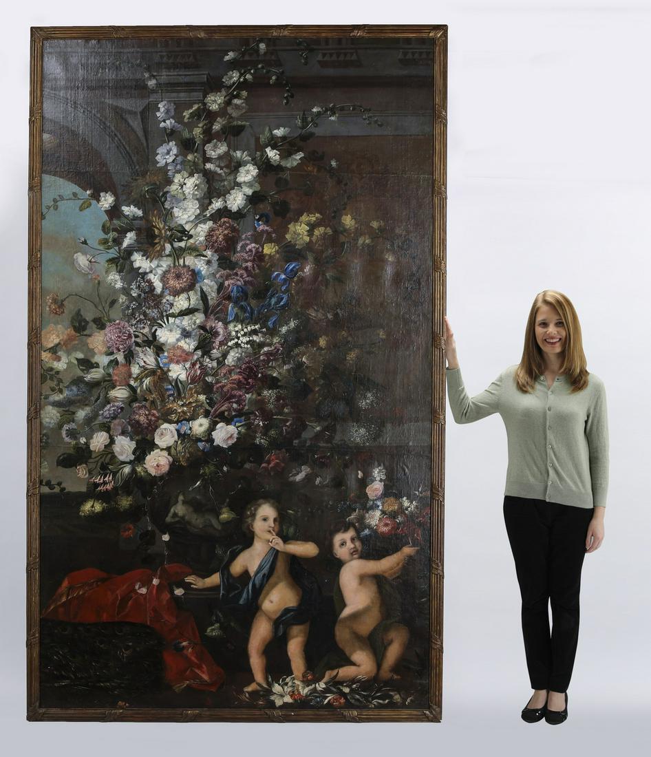 Monumental 19th c. O/c in the Manner of de Fiori: 19th century monumental oil on canvas in the Manner of Mario de Fiori (Italian, 1603-1673) nee Mario Nuzzi, depicting an enormous urn of flowers with two silk draped putti in the foreground and a Roma