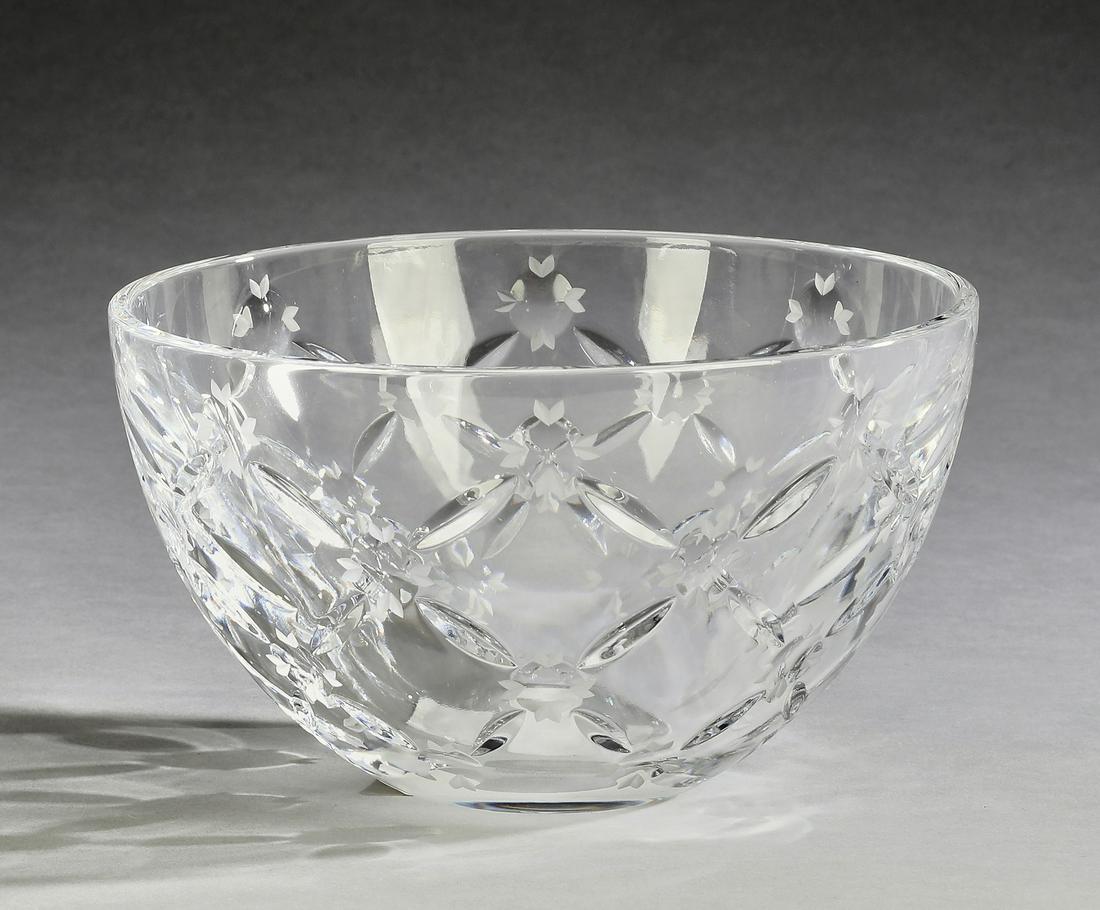 Faberge 'Atelier Collection' crystal center bowl: Faberge 'Atelier Collection' crystal center bowl, of tapering from, the clear crystal bowl cut in a lattice pattern centering dots flanked by satin finish abstract flowers, marked Faberge and having t