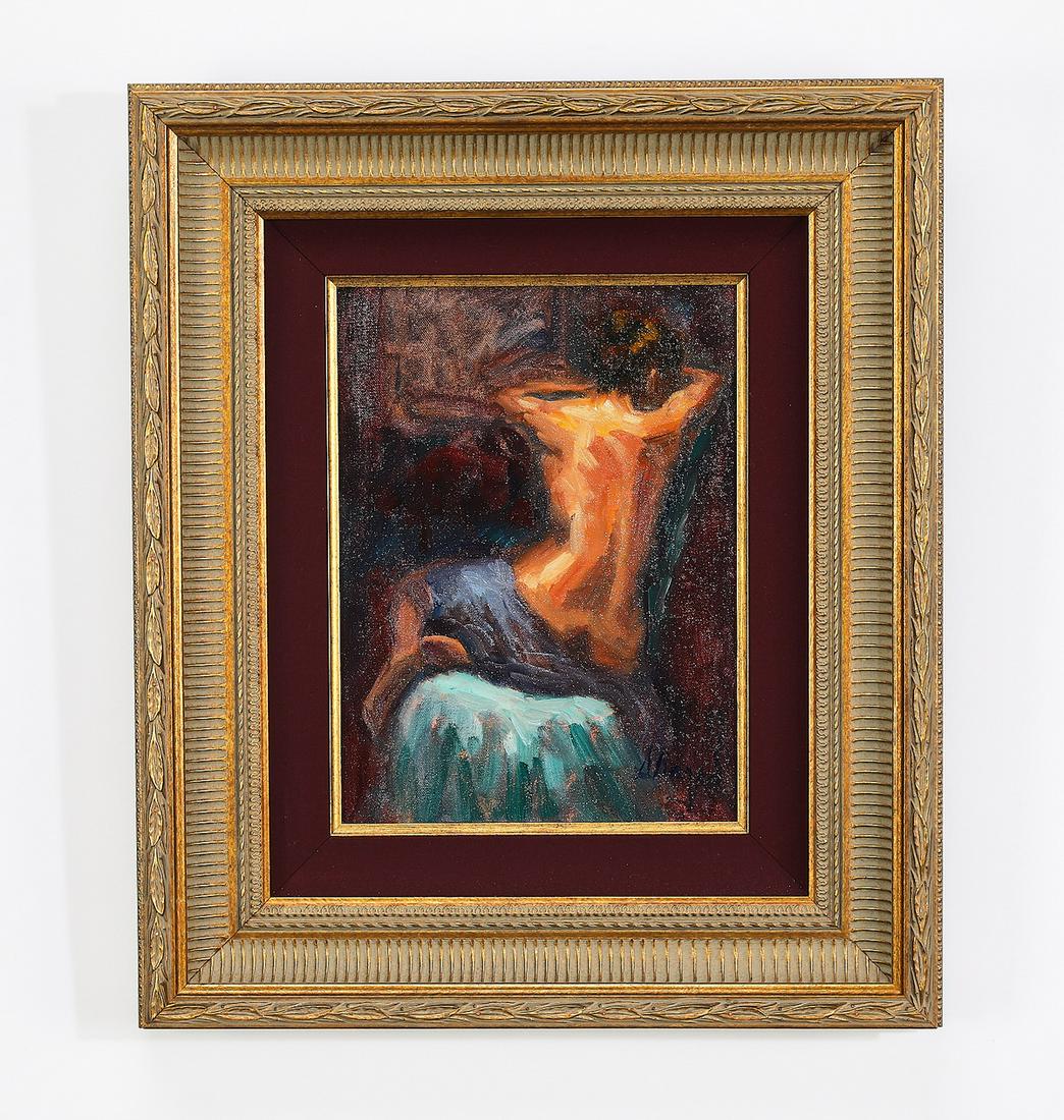 Signed Martha Sharp O/c nude 'Another View': Signed Martha Sharp (American, 20th/21st century) 'Another View,' circa 2015, executed in oil on canvas, depicting a seated nude with draped fabric on her lap and her back toward the viewer, signed lo