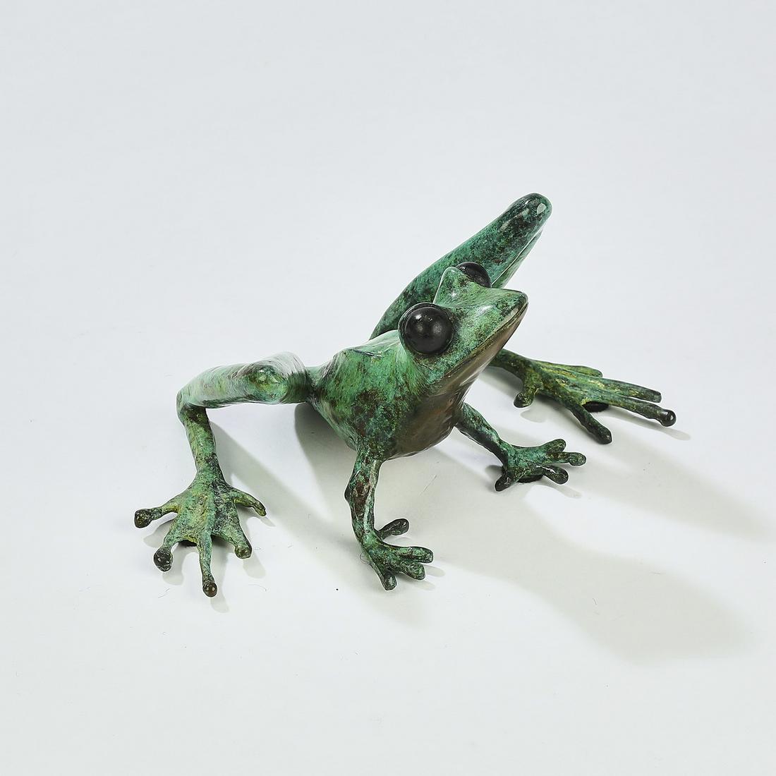 Limited edition Frogman Tim Cotterill bronze, 1990: Signed limited edition 'Frogman' Tim Cotterill (English, b. 1950) frog figure, 1990, executed in painted bronze, depicting a curious emerald green frog, signed, dated, and numbered 241 of 250 to under