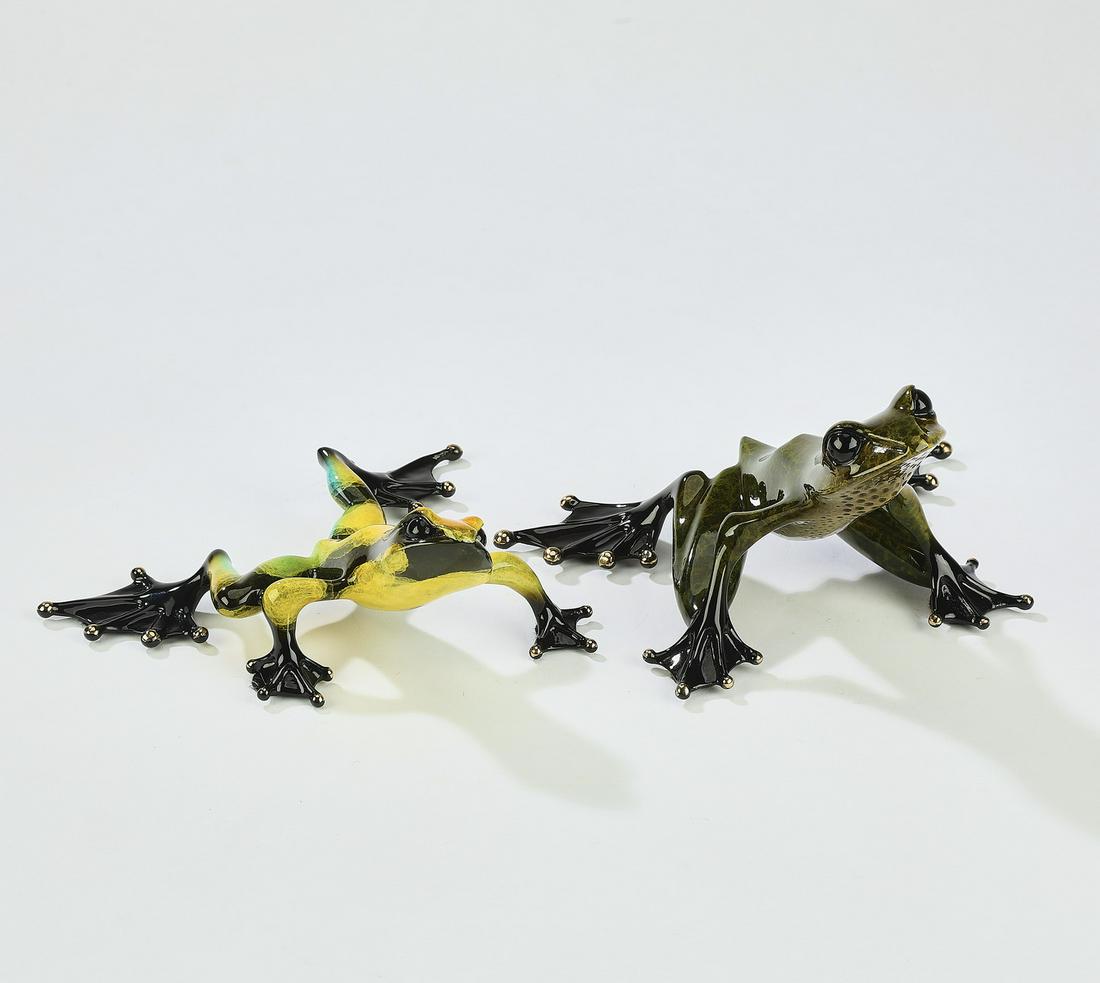 (2) Limited edition Frogman Tim Cotterill bronzes: Group of (2) signed limited edition 'Frogman' Tim Cotterill (English, b. 1950) frog figures, each executed in enameled bronze, including (1) curious lime green frog, 2007, numbered 221 of 2,500, measu