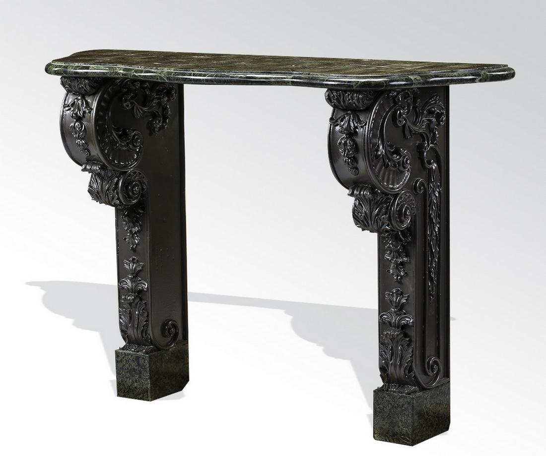 Tessellated marble console table: Tessellated marble and composite console table, having a shaped hunter green tessellated marble top, surmounting a pair of ebonized composite corbels with relief molded garlands and acanthus leaves, t